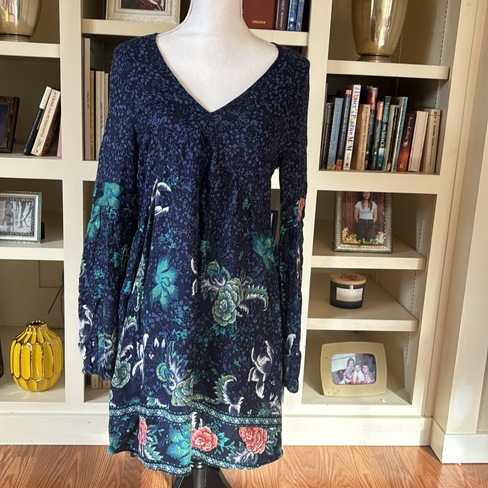 Billabong Blue Floral‎ Paisley Long Sleeve Babydoll Dress Sz Medium Beach Boho